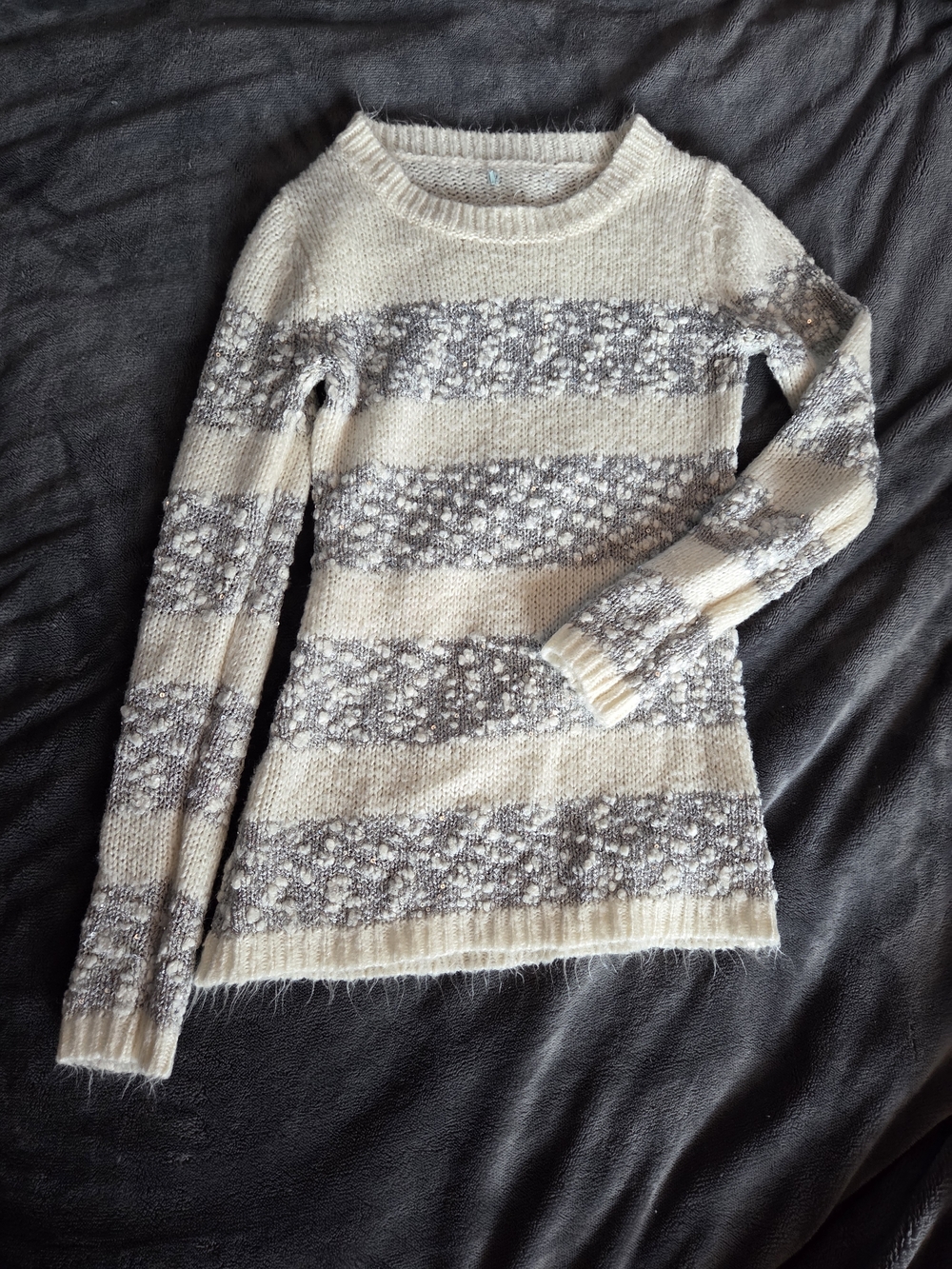 ☀️ 3/$15 Striped Cream and Gray Women's Knit Sweater